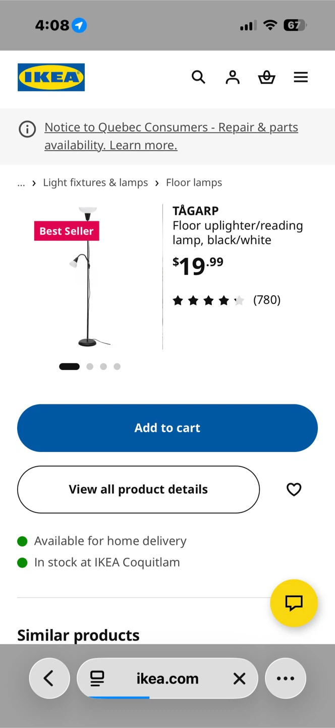 IKEA TÅGARP Floor Uplighter/Reading Lamp, Black/White