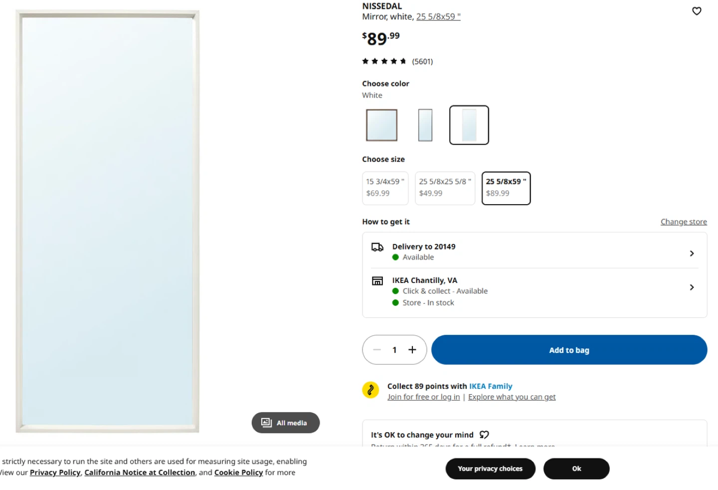 NISSEDAL Mirror, White, 25 5/8x59"