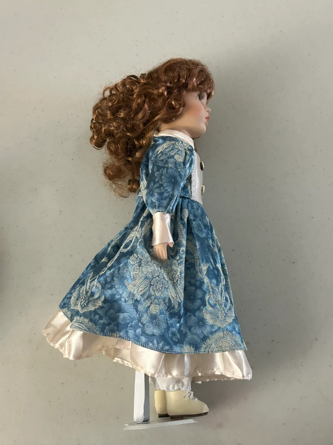 Collector’s  Porcelain Doll with Blue & Cream Dress with Stand - photo 2