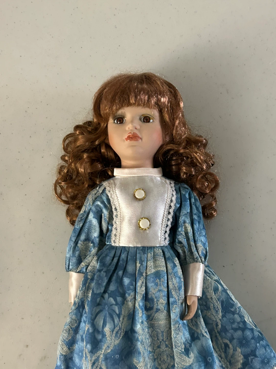 Collector’s  Porcelain Doll with Blue & Cream Dress with Stand - photo 3