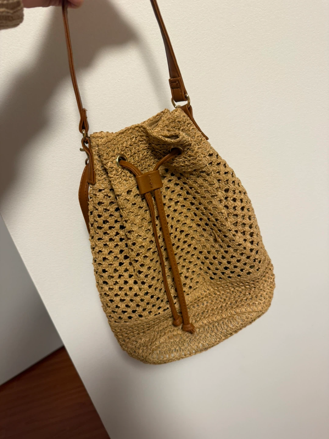 Straw Bucket Bag with Faux Leather Accents