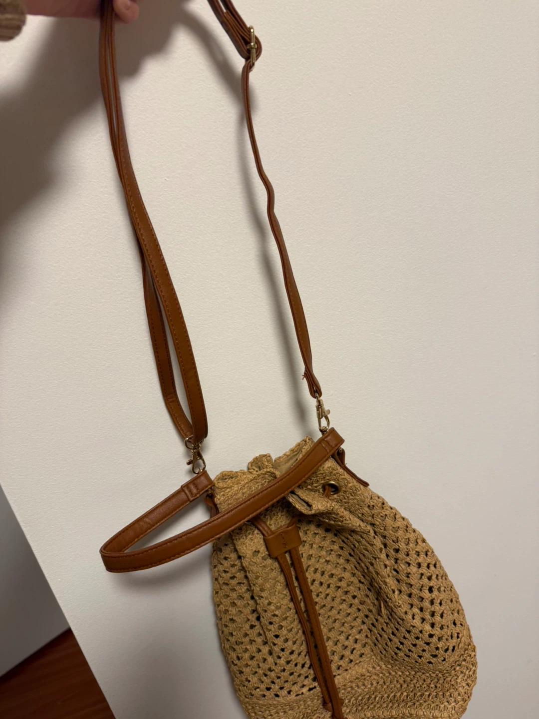 Straw Bucket Bag with Faux Leather Accents - photo 2