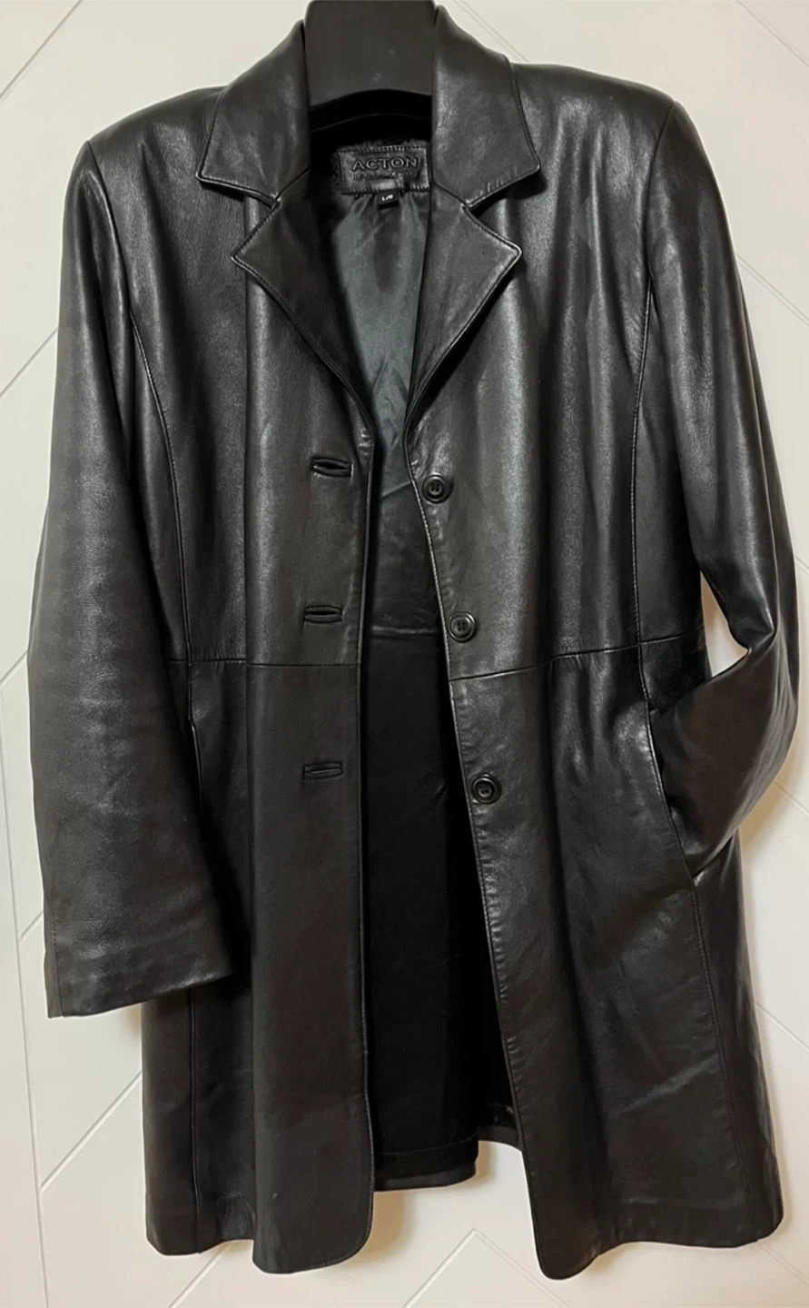 Acton Black Leather Trench Coat Women Size L/G