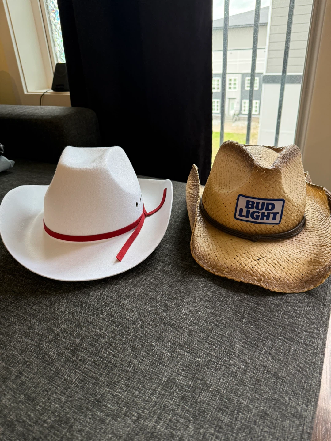 White Cowboy Hat with Red Ribbon & Bud Light Straw Hat