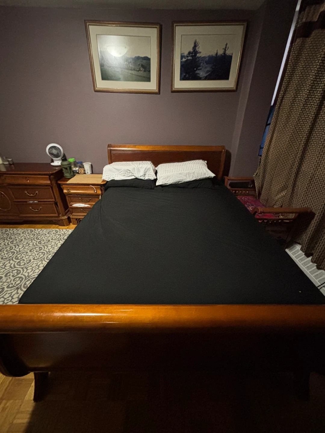 Oak Wood bed Dresser and Nightstand Set and bedroom bench .