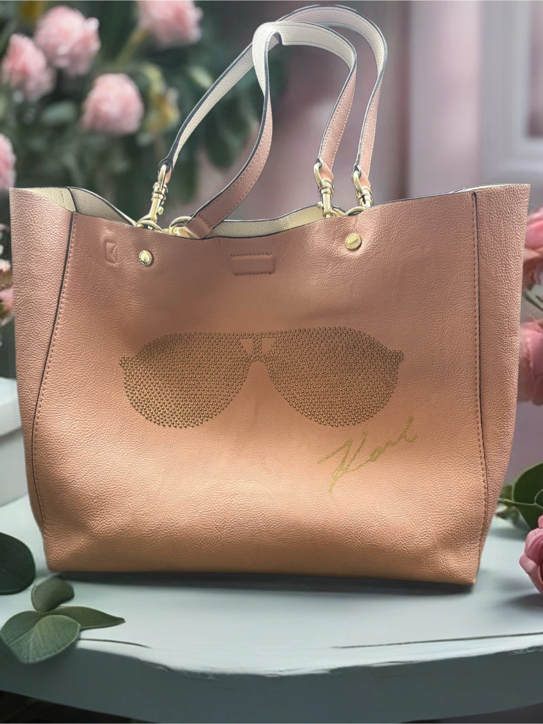 Karl Lagerfeld Pink Tote Bag with Sunglasses Embellishment