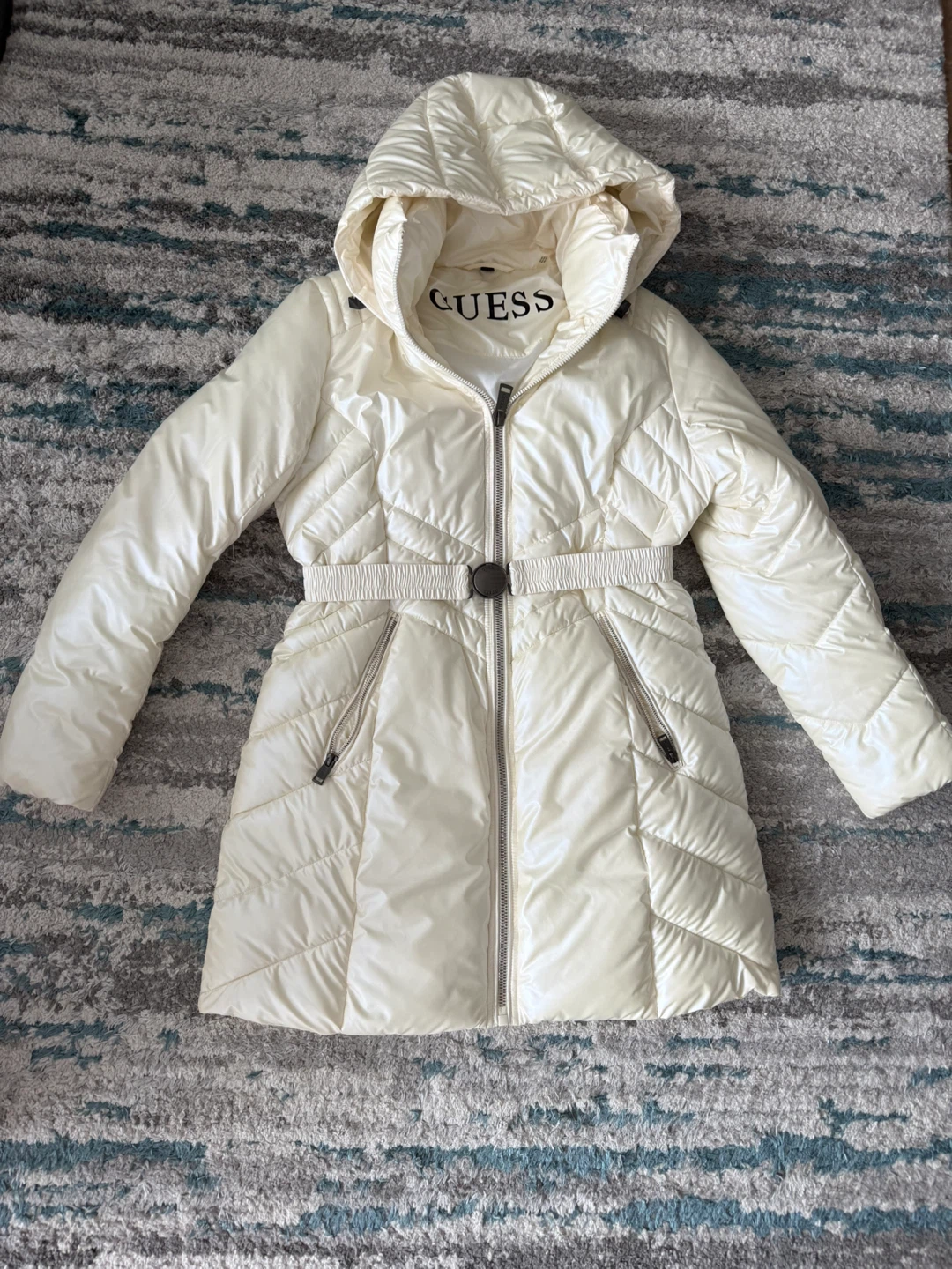 Guess Puffer Jacket Cream White Hooded Belted