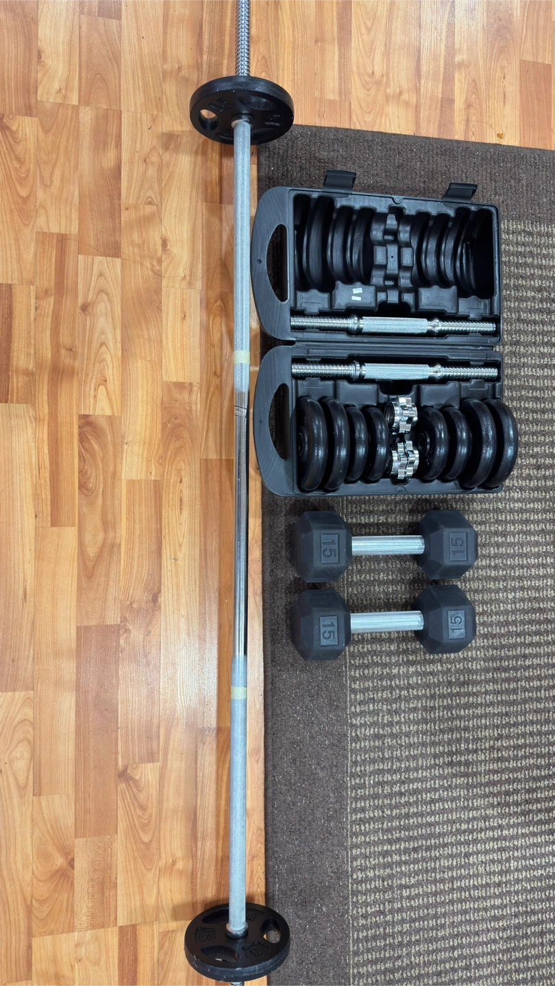 Dumbbell set and Barbell. Take all