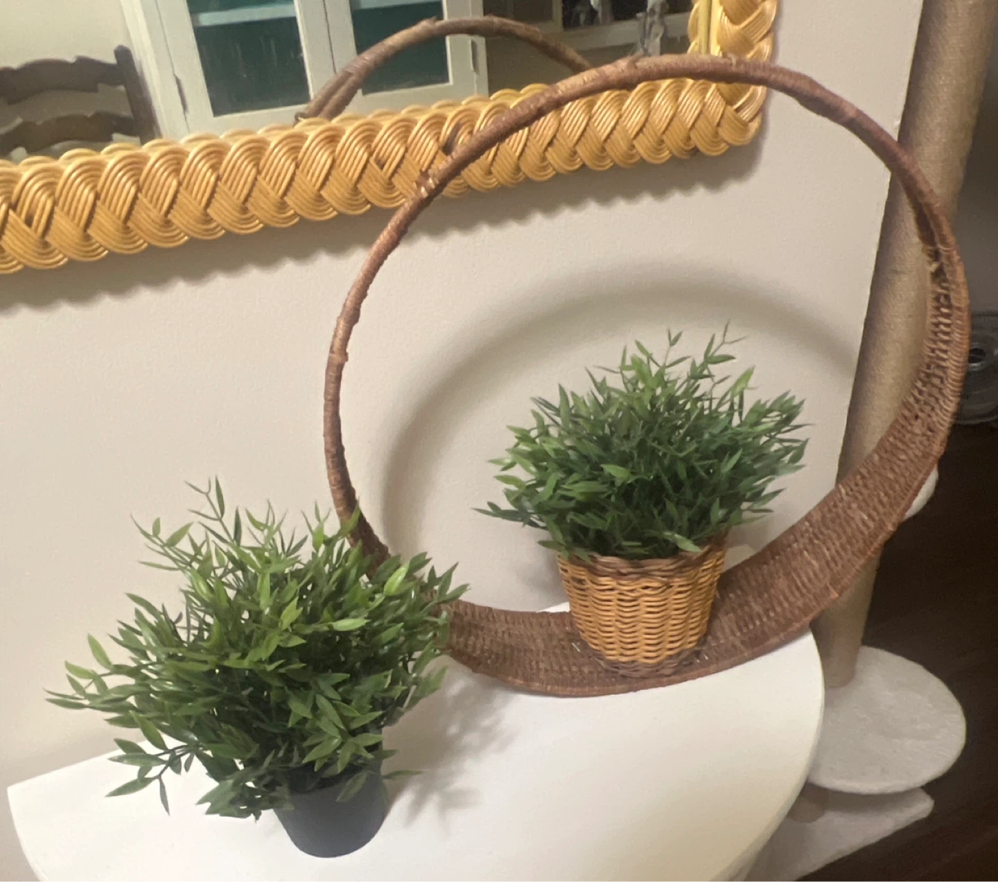 Vintage Woven Rattan Wall Decor with Faux Plants