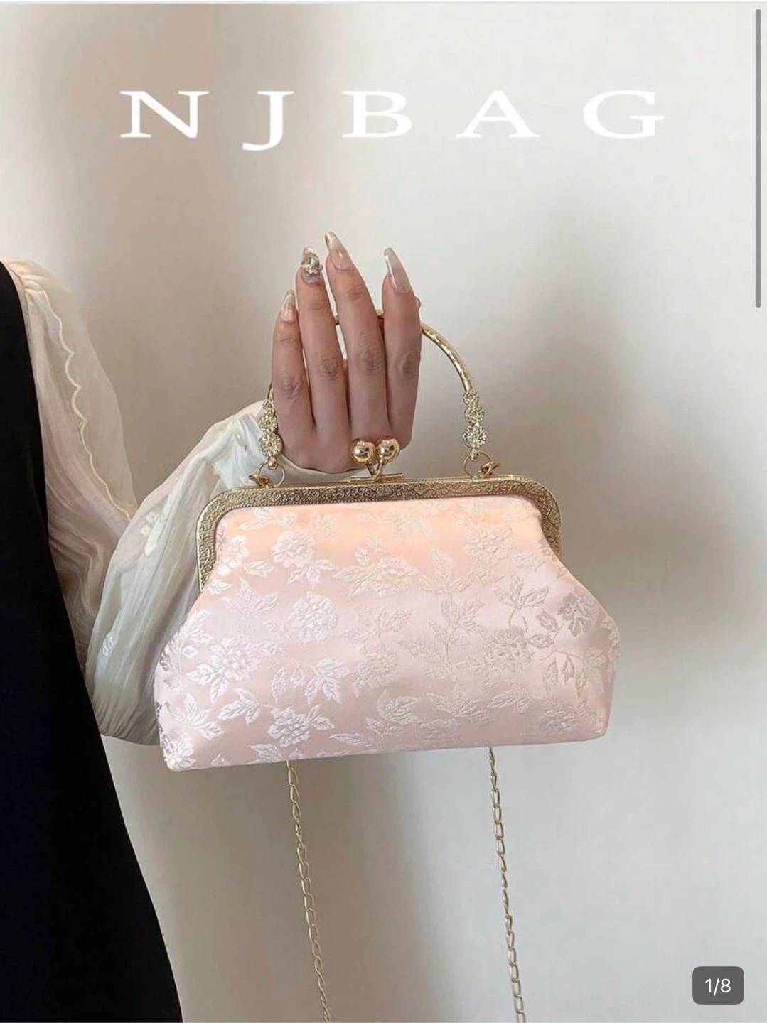 NJBAG Pink Brocade Clutch Purse with Gold Chain
