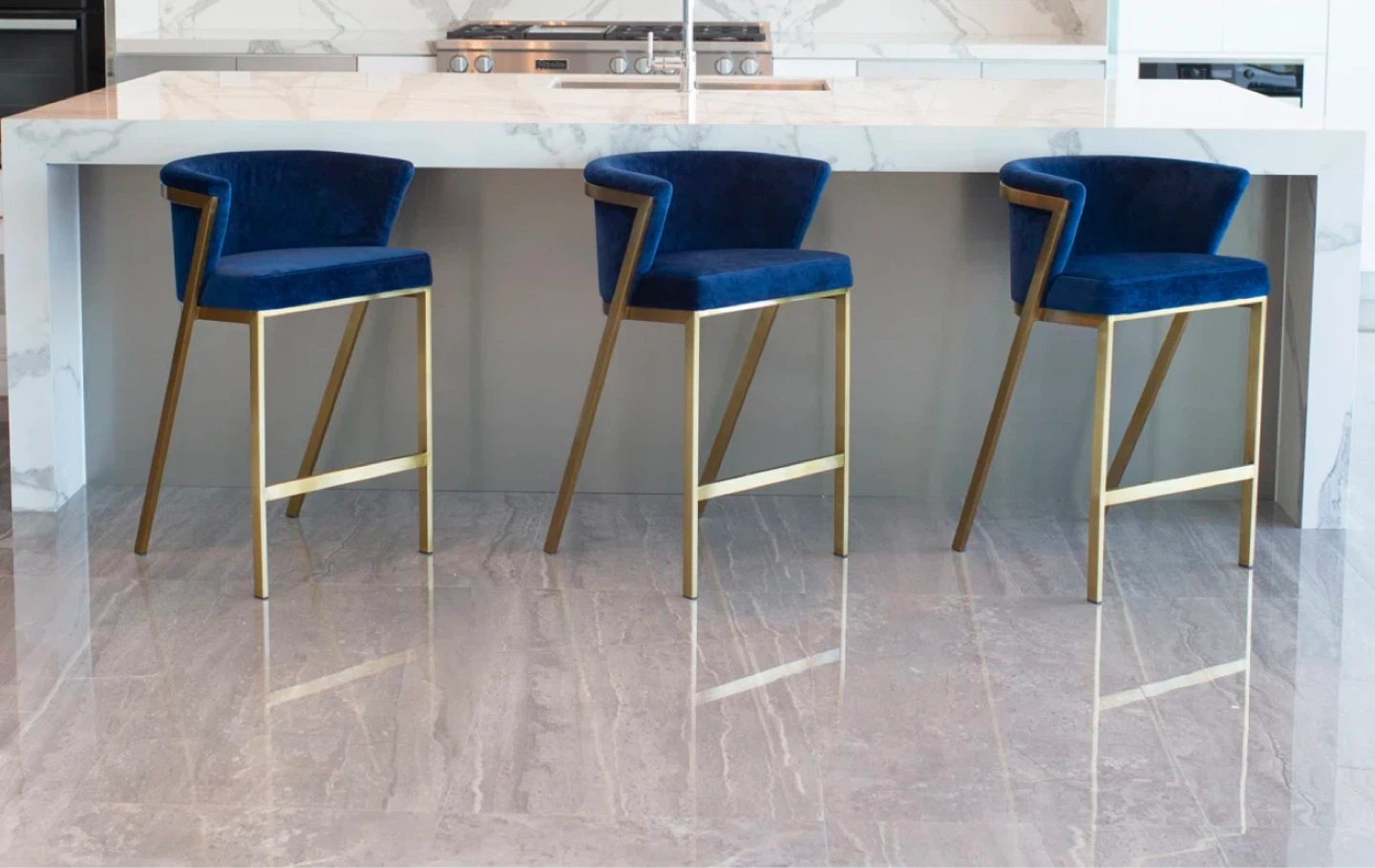 Blue Velvet Bar Stool with Gold Frame