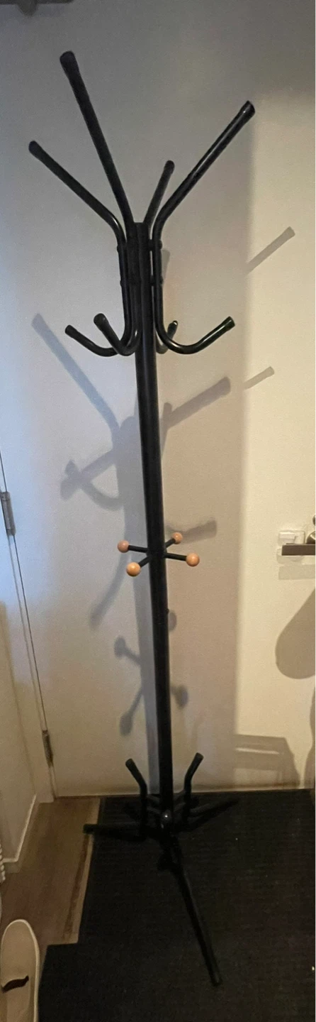 Black Standing Coat Rack with Wooden Knobs