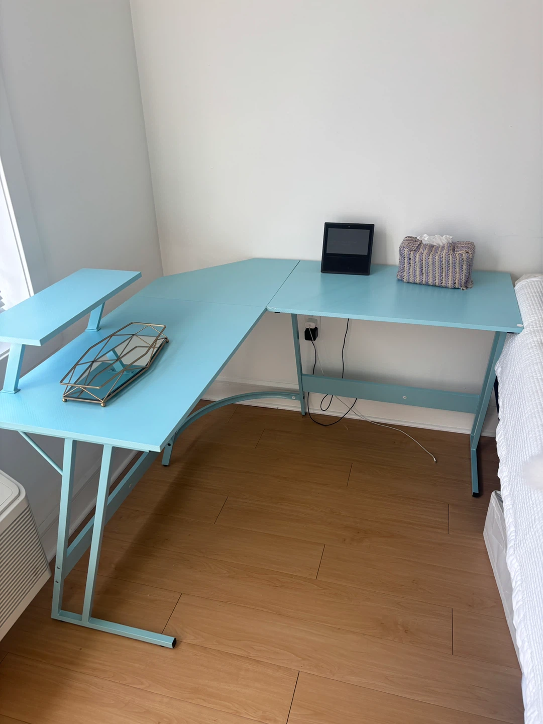 Light Blue L-Shaped Desk with Shelf