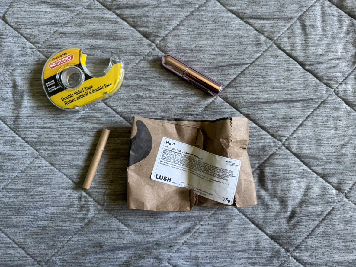 LUSH Bar, tape, refillable perfume bottle snd muji 0.3 led