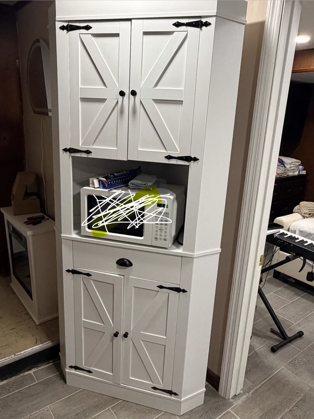 White Corner Cabinet with Barn Door Style