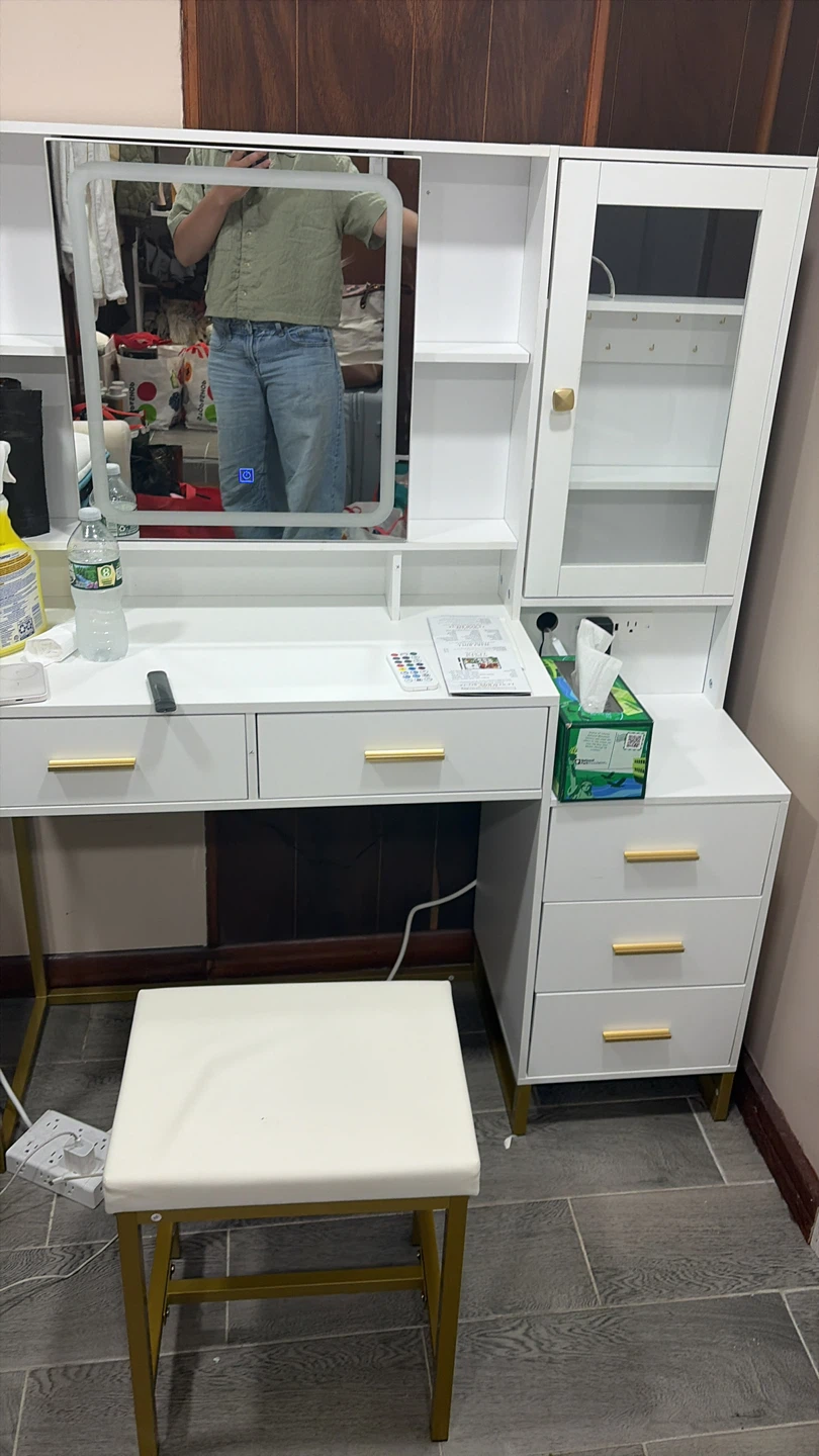 White Vanity Desk with Mirror and Stool - photo 2