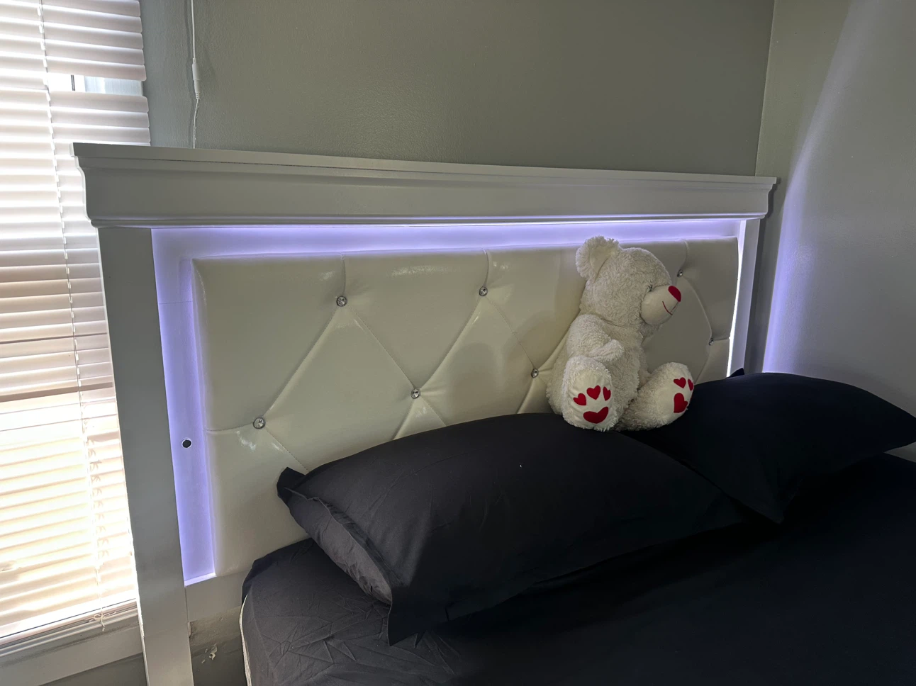 White Upholstered Queen Bed Frame with LED Headboard - photo 4