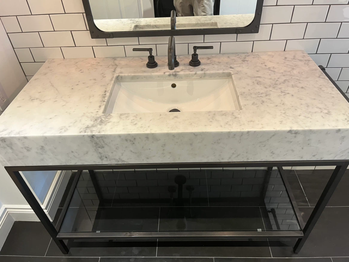 Marble Vanity Top with Metal Frame and Glass Shelf