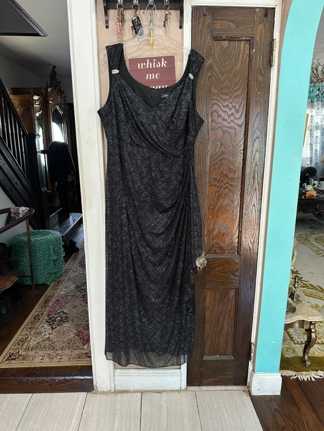 R&M Richards Black Sparkle Draped Maxi Dress