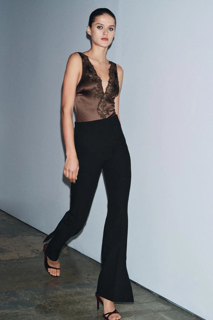 Zara Lace Trim Satin Bodysuit - Brown NWT L