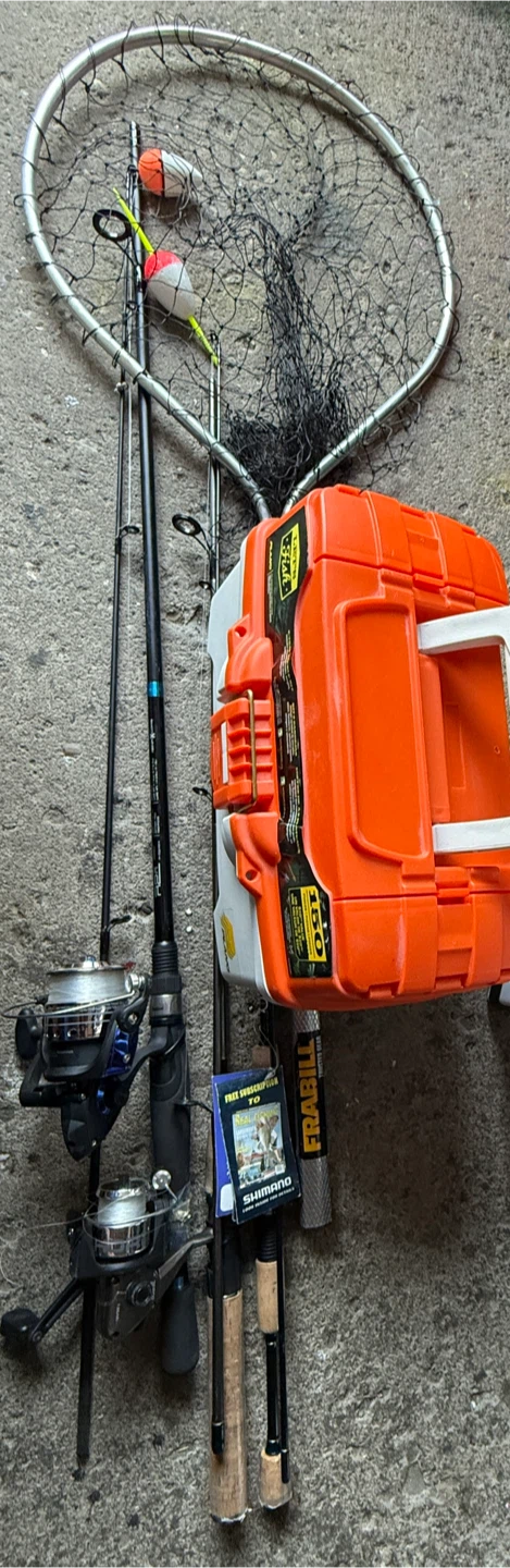 Fishing Rods, Tackle Box, and Net Bundle