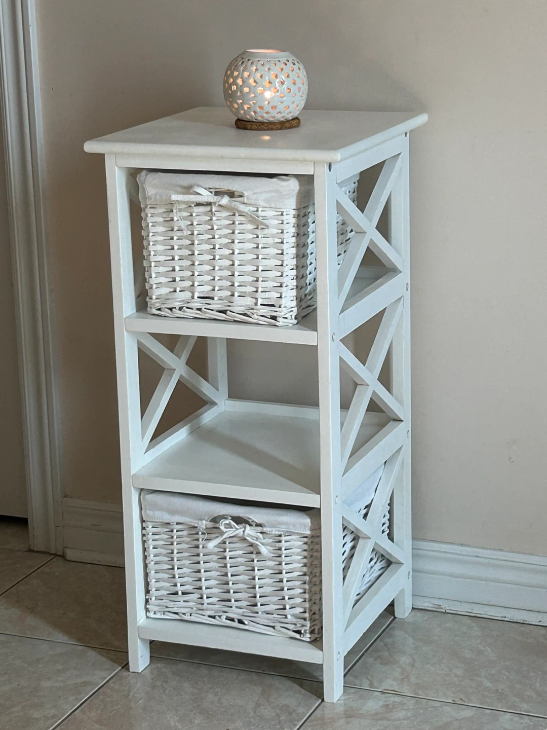 White Wood Storage Shelf with Baskets