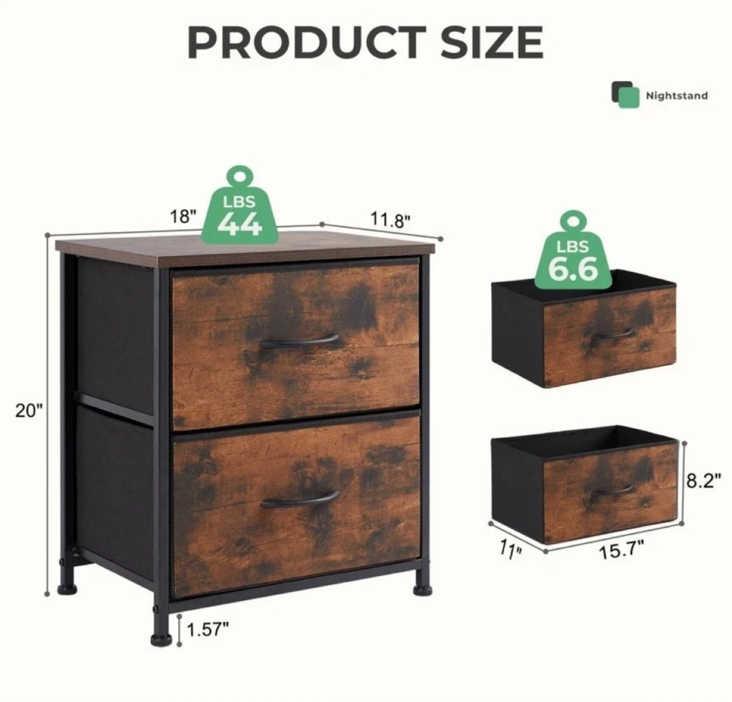 2-Drawer Fabric Nightstand with Wooden Top - photo 5