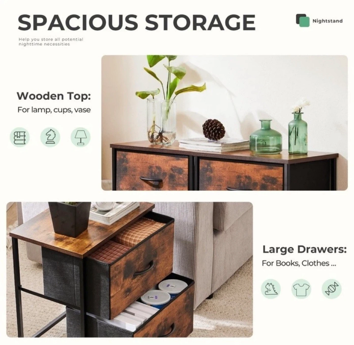 2-Drawer Fabric Nightstand with Wooden Top - photo 2