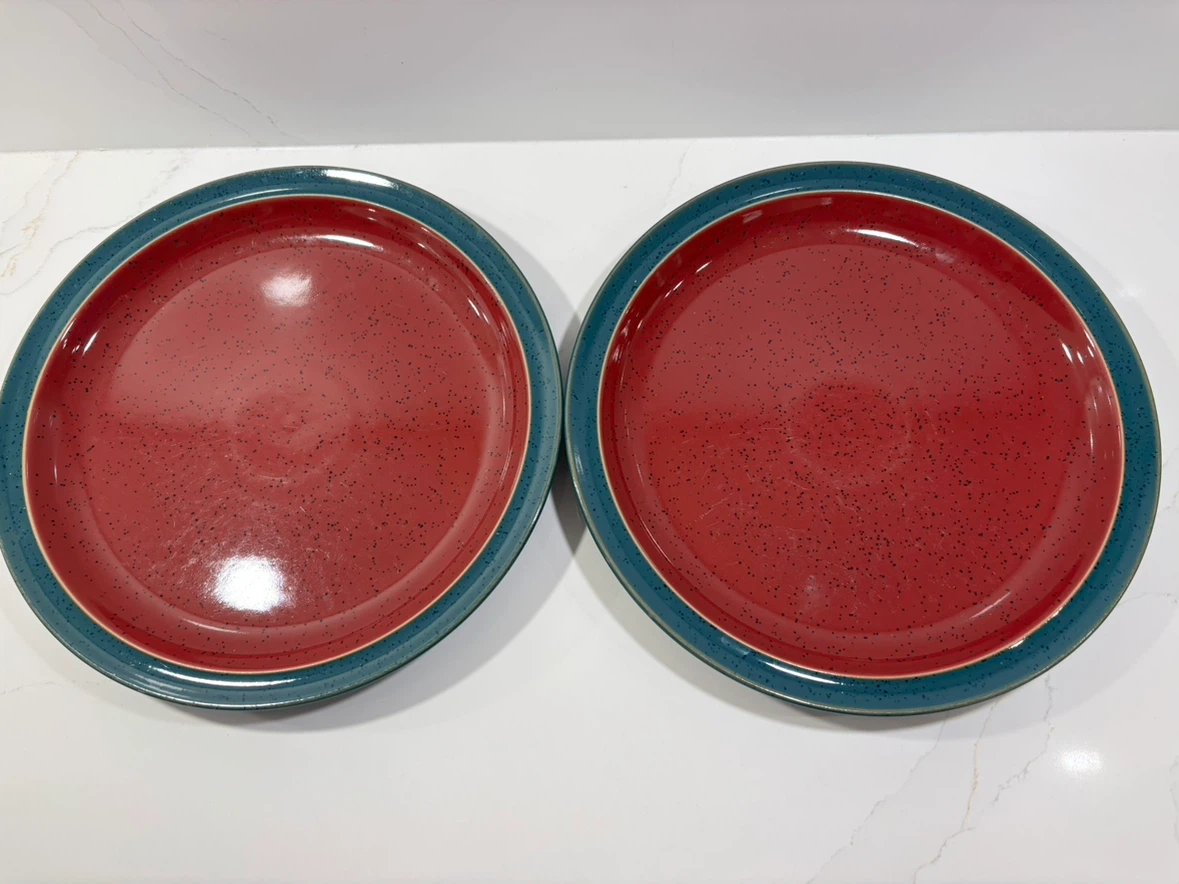 SET (2) Denby HARLEQUIN 10.25" Dinner Plates, Red Green - photo 4