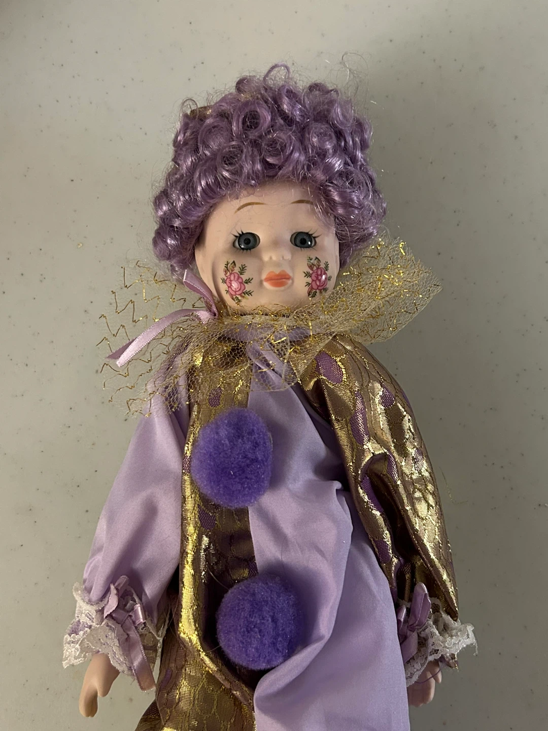 Porcelain Clown Collector’s Doll with Purple & Gold Outfit - photo 3