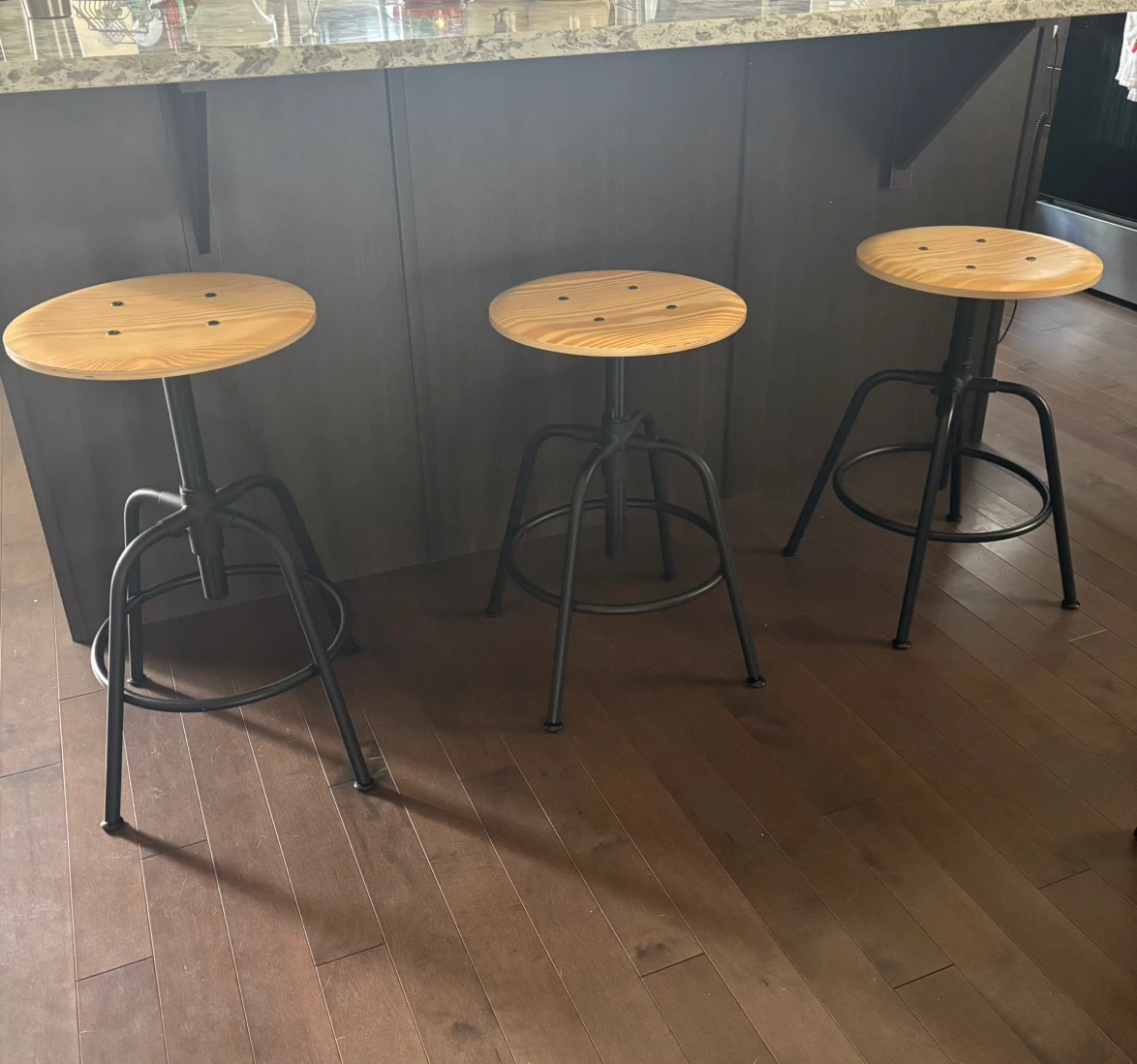Set of 3 Adjustable Wood and Metal Bar Stools