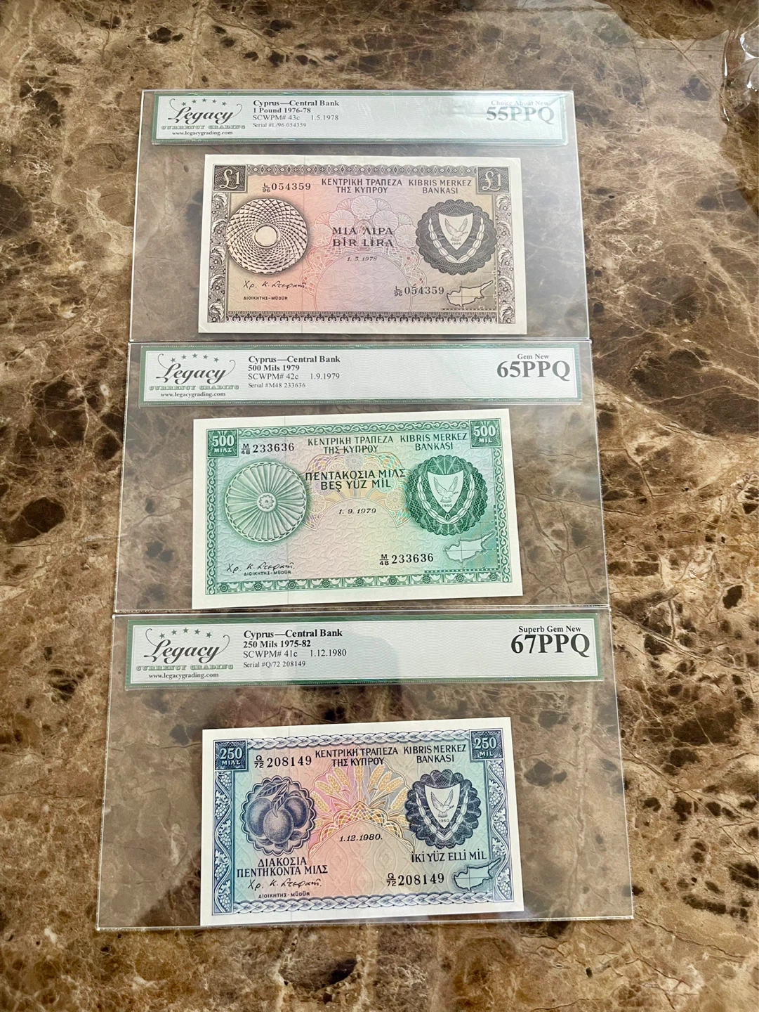 Collection of 3 Cyprus Banknotes: 250 Mils, 500 Mils, 1 Pound