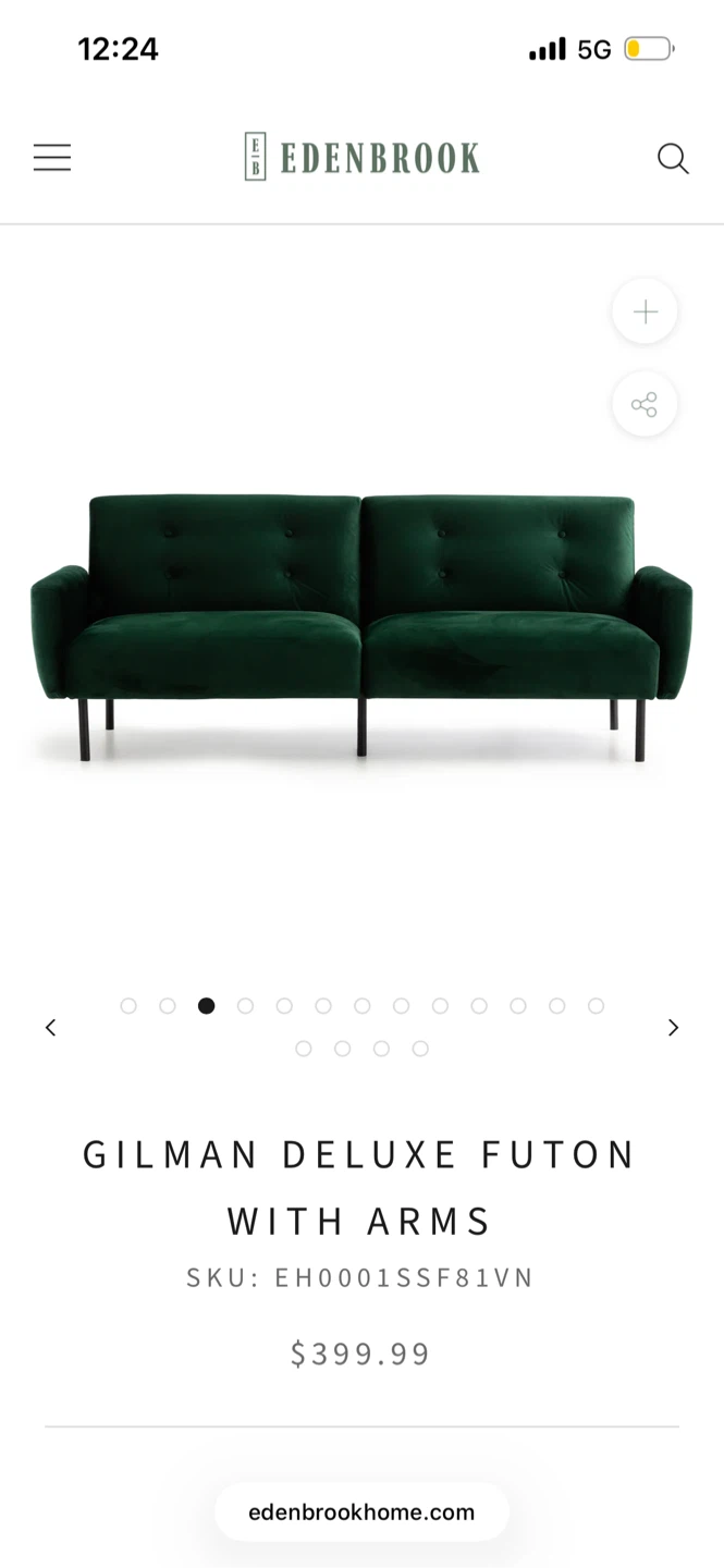 Edenbrook Gilman Deluxe Futon with Arms - Green Velvet