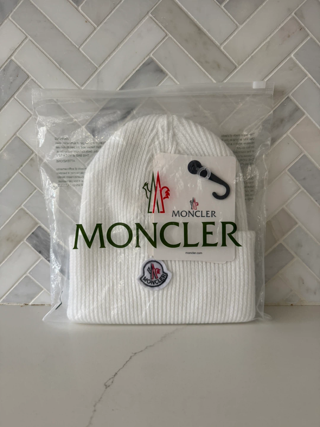 Moncler White Ribbed Beanie