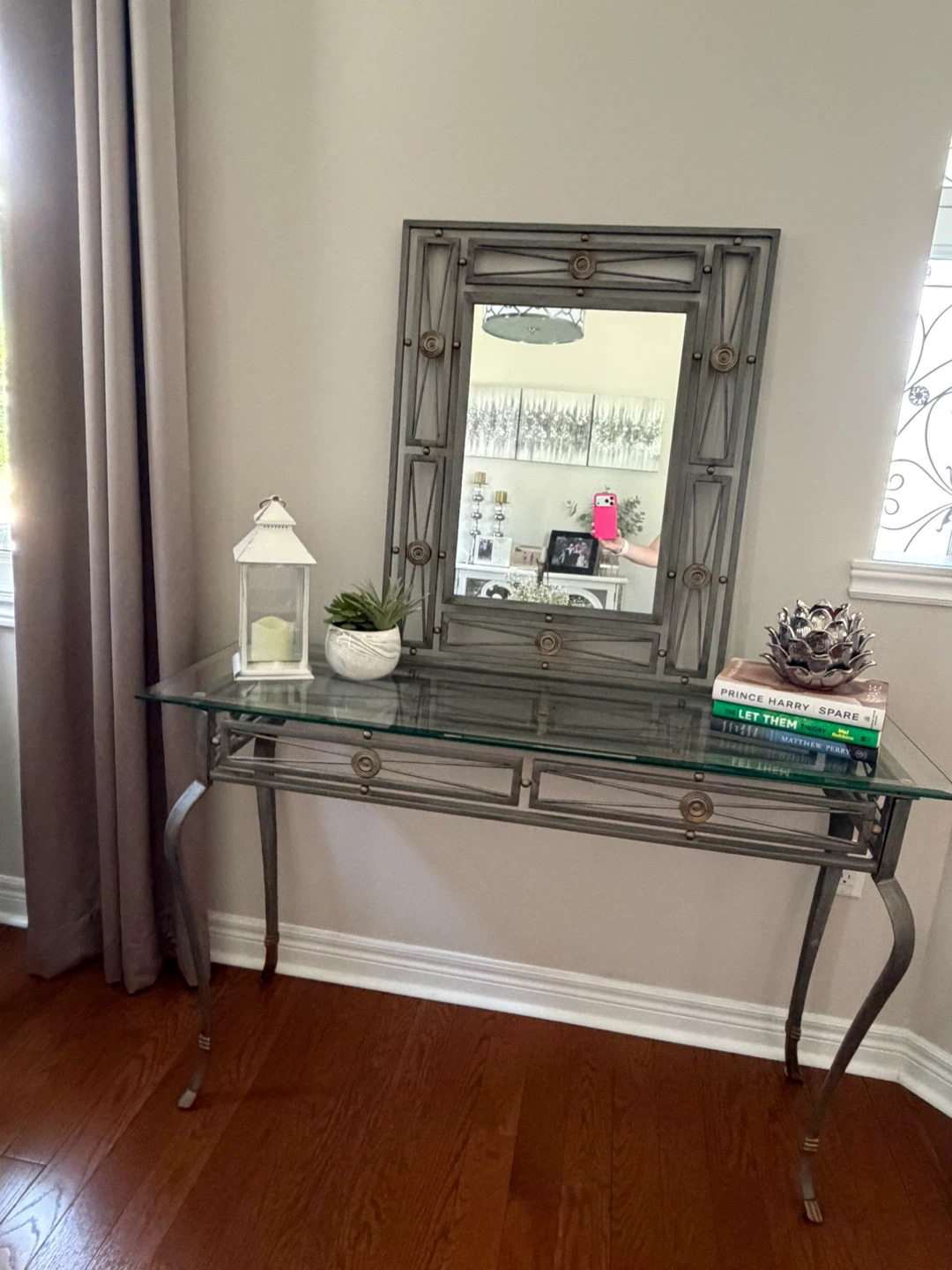 Glass Console Table with Metal Frame