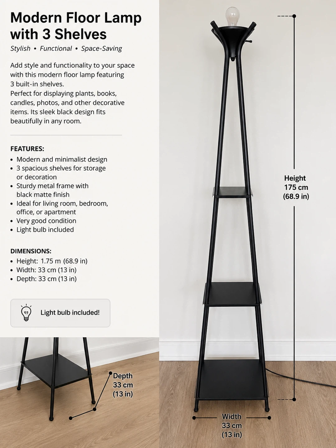 Modern Floor Lamp with Shelves Black | 68.9” Tall