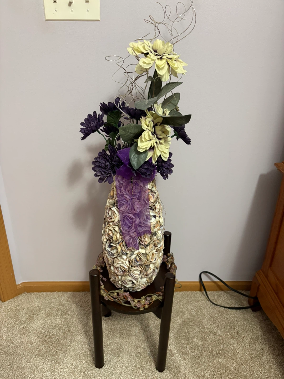 Seashell and Artificial Flower Vase with Stand