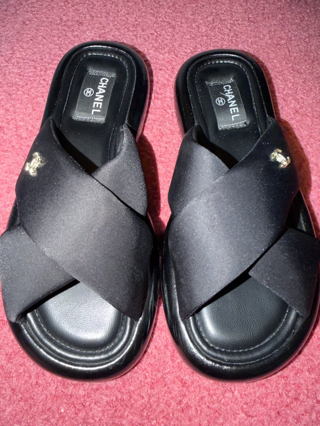 Chanel Black Satin CC Logo Slide Sandals