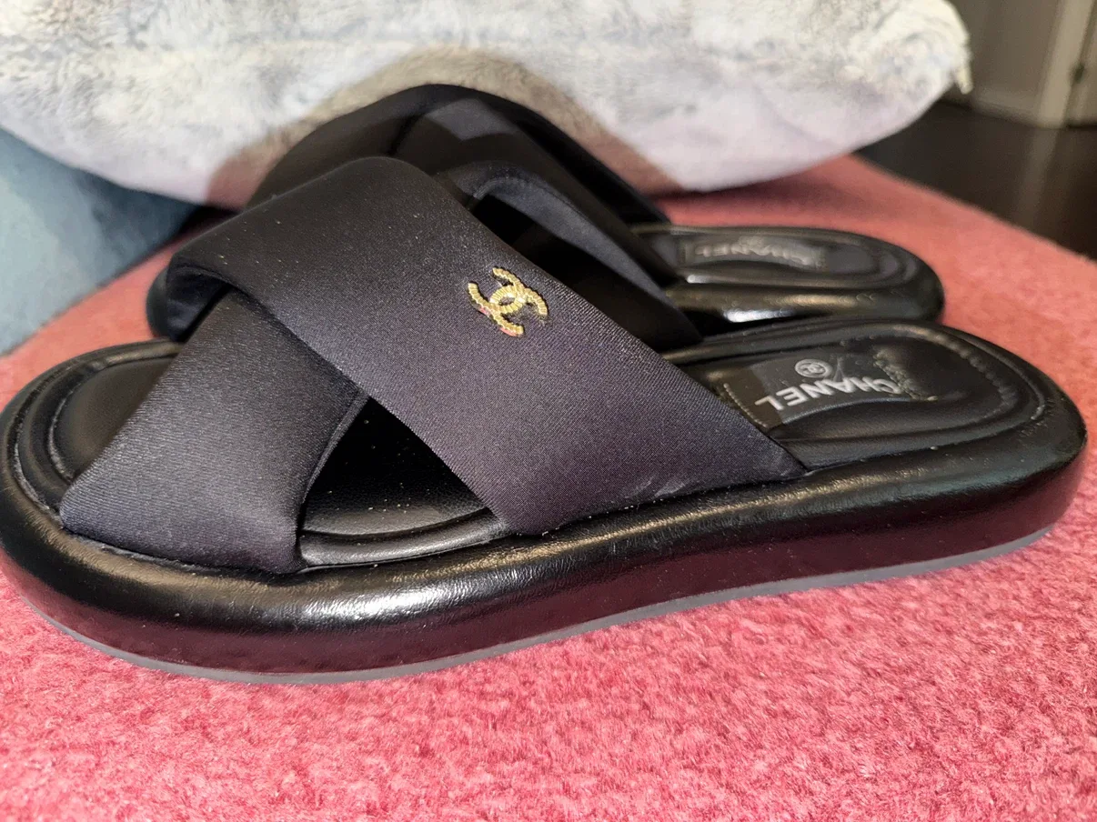 Chanel Black Satin CC Logo Slide Sandals - photo 2