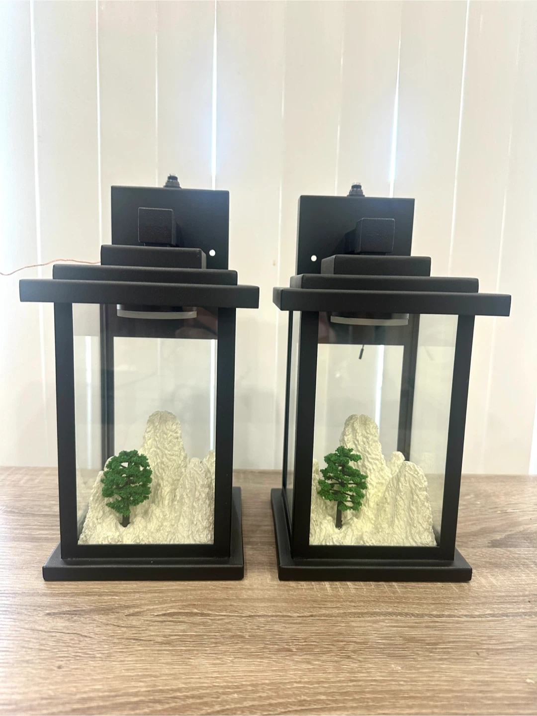 Black Outdoor Wall Lanterns with Landscape Scene (Set of 2)