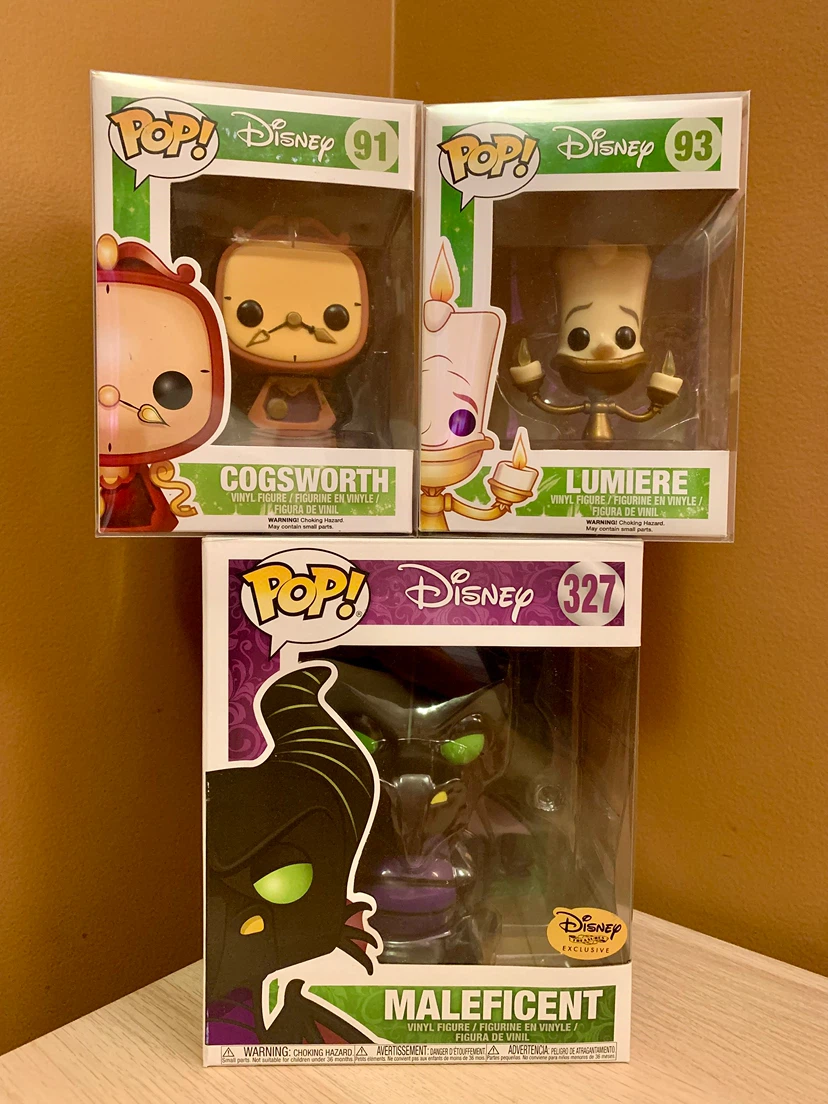 Funko Pop! Disney Cogsworth, Lumiere & Maleficent Figures