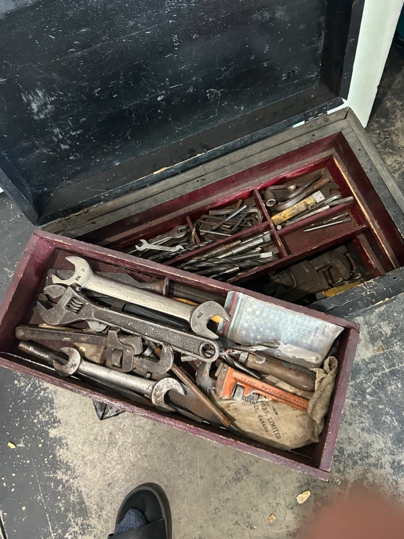 Antique wood tool box with tools