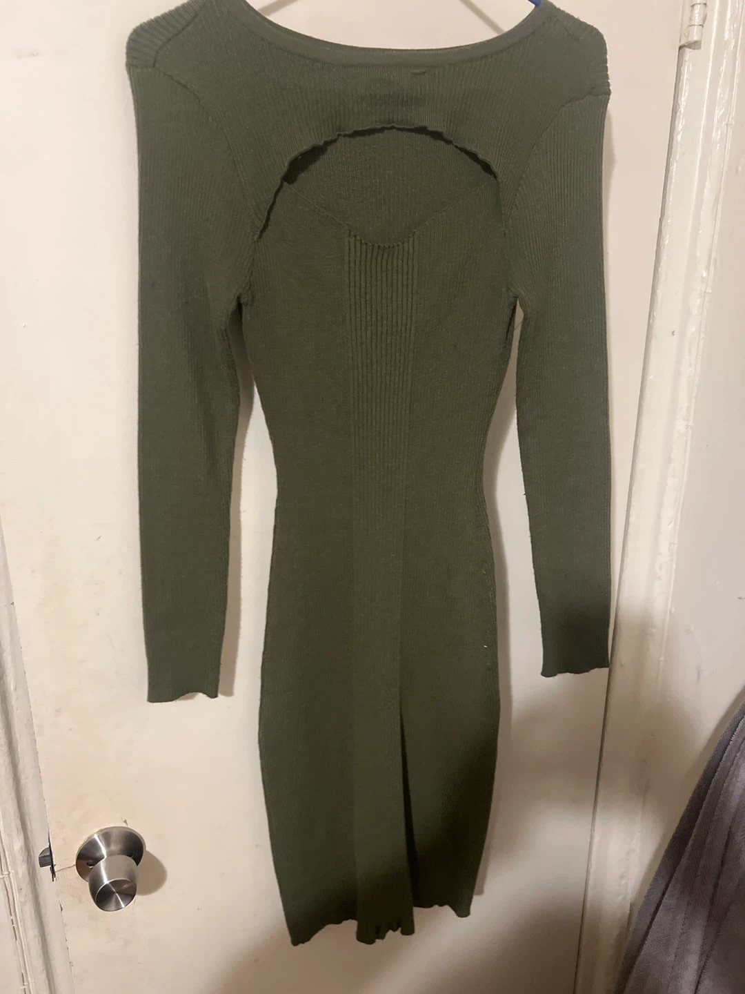 Olive Green Ribbed Cutout Sweater Dress