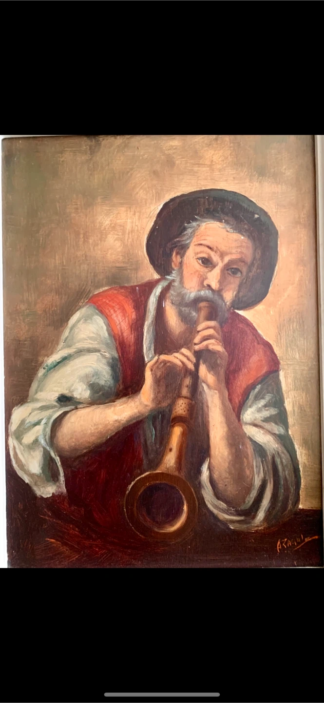 Famous Oil Painting of Man Playing Horn Sign Azaqmi - photo 2