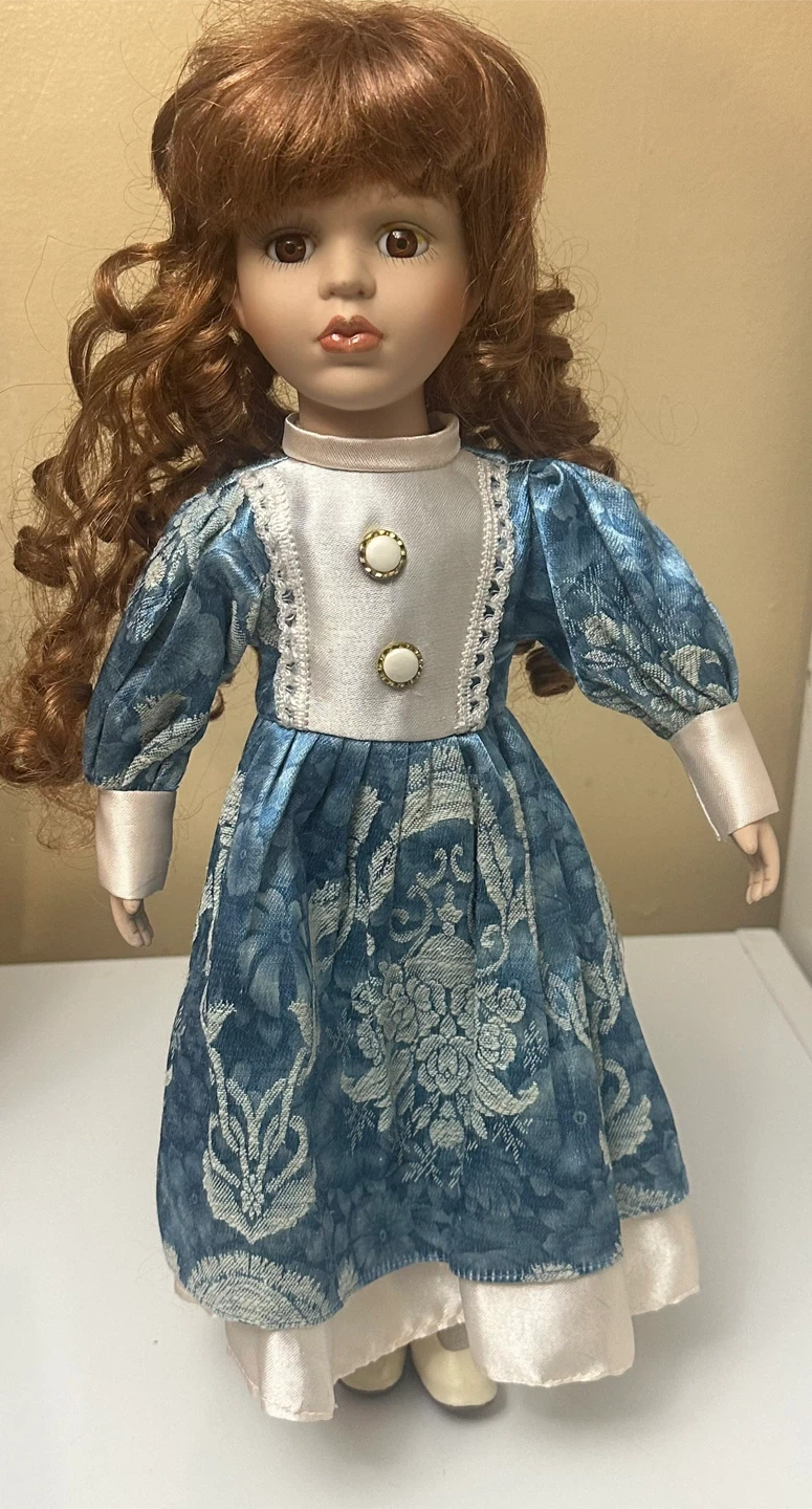 Collector’s  Porcelain Doll with Blue & Cream Dress with Stand - photo 5