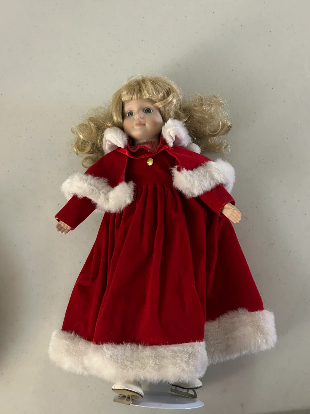 Festive Blond Hair Doll Wearing Red Dress on Skates