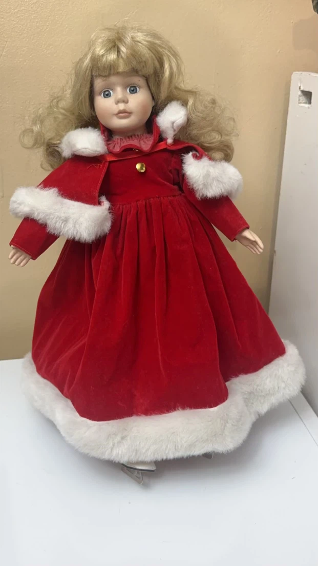 Festive Blond Hair Doll Wearing Red Dress on Skates - photo 5