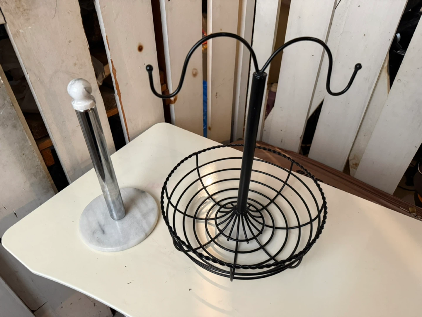 Wire Fruit Basket and Marble Paper Towel Holder