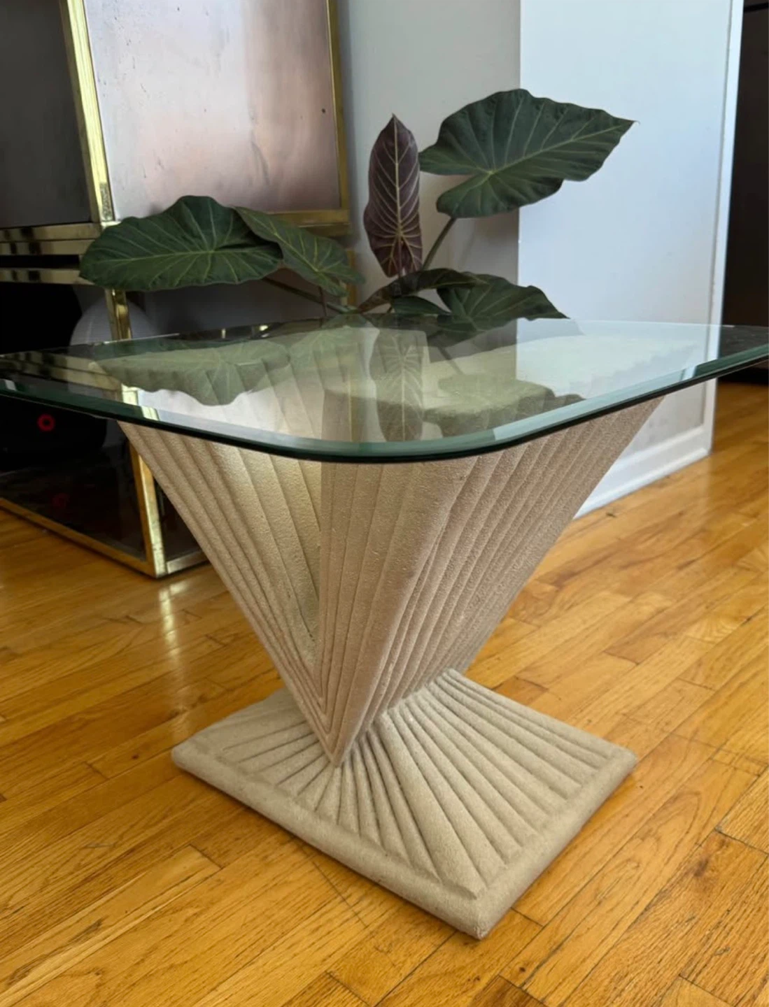 Vintage Glass Top Plaster Stone Accent Table