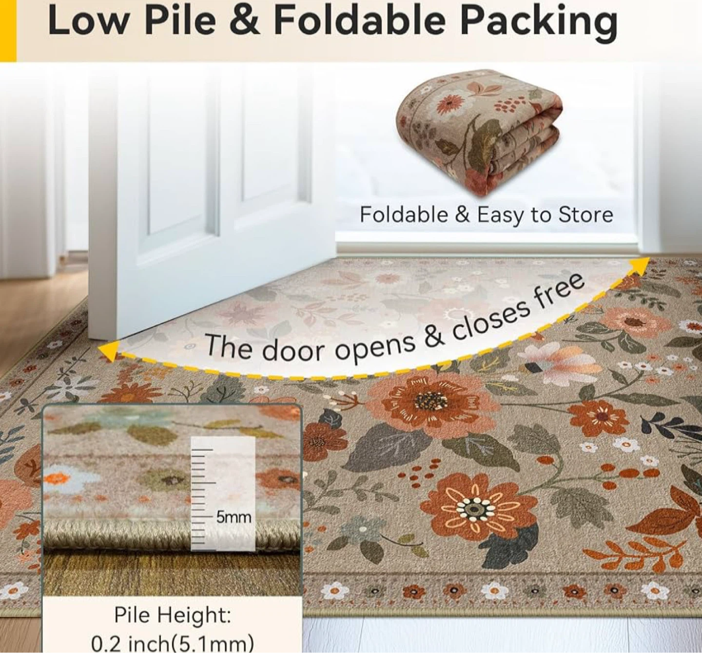 Floral Area Rug - 5x7 Low Pile & Foldable Washable - photo 4